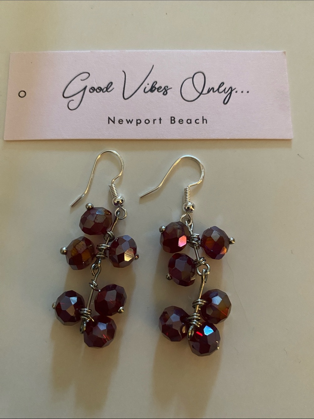 Good Vibes 😎 Only Newport Beach Garnet Glass Bead Dangle Earrings